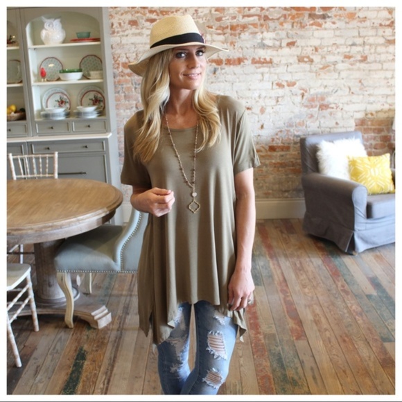 Infinity Raine Tops - Olive Short Sleeve Asymmetrical Tunic